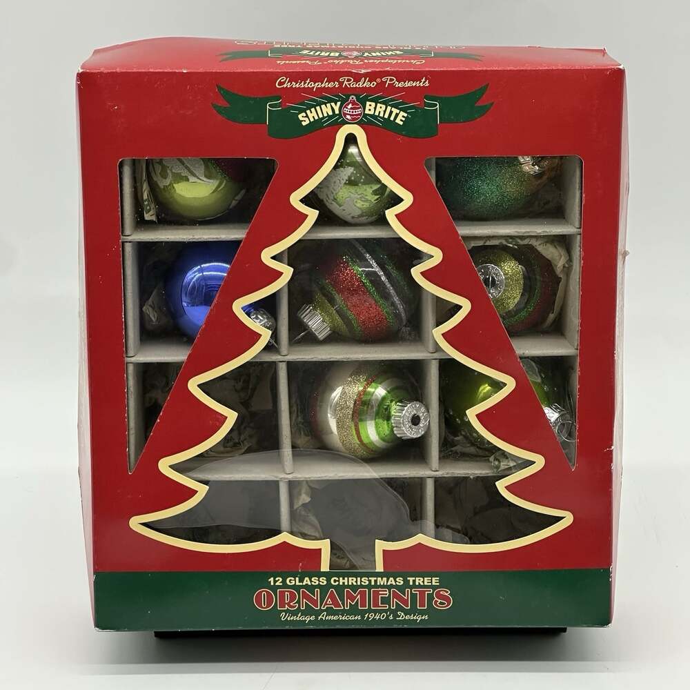 Set of 8 Small Christopher Radko Shiny Brite Glitter Glass Christmas Ornaments